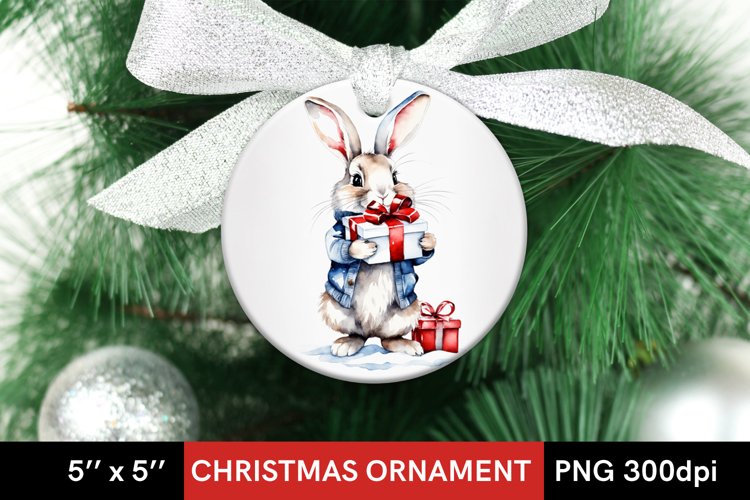 Christmas Bunny with Gift - Christmas Ornament Sublimation