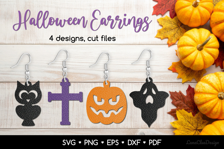 4 Halloween Earrings SVG - Owl, Cross, Pumpkin and Ghost