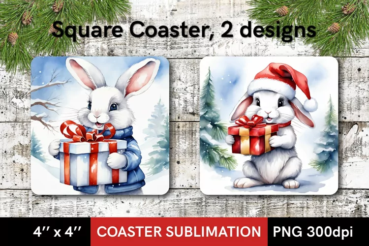 Christmas Bunny with Gift - Coaster Sublimation, 2 designs