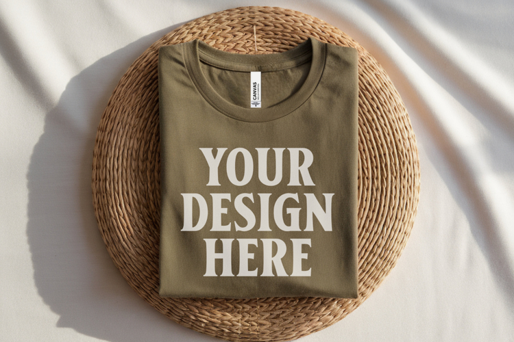 Heather Olive Bella Canvas 3001 Flat Lay T-Shirt Mockup