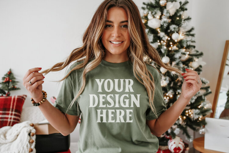 Christmas Bella Canvas 3001 Kelly Green Shirt Mockup ,Trandy example image 1