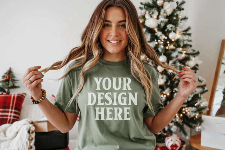 Christmas Bella Canvas 3001 Kelly Green Shirt Mockup ,Trandy
