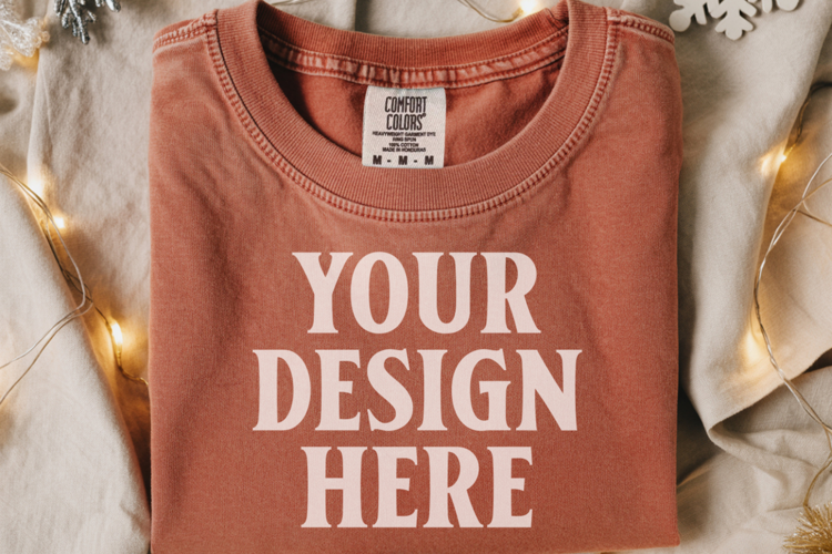 Brick Comfort Colors 1717 Christmas Folded T-Shirt Mockup