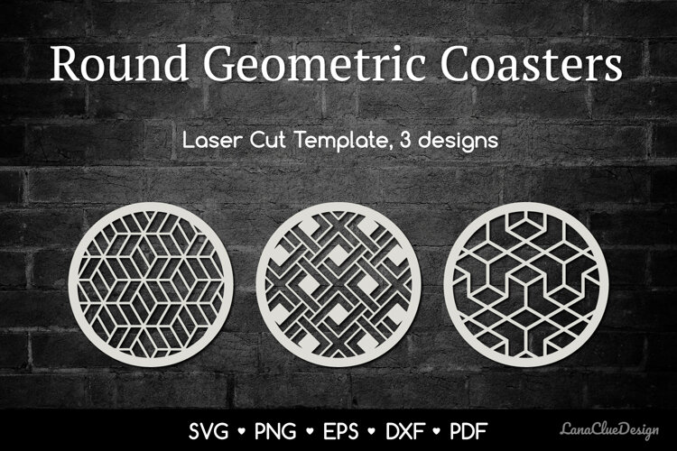 3 Round Geometric Coasters SVG, Laser Cut Template example image 1