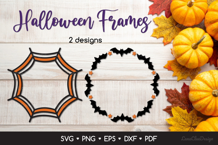 2 Round Halloween Frames with Spiderweb and Bats SVG