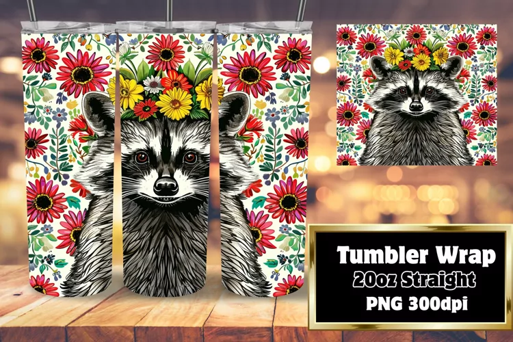 Vibrant Raccoon with Flower Wrap for Tumblers 20oz