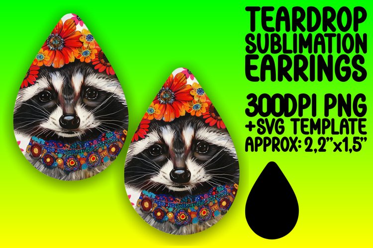 Raccoon & Floral Teardrop Earrings Design for Sublimation example image 1