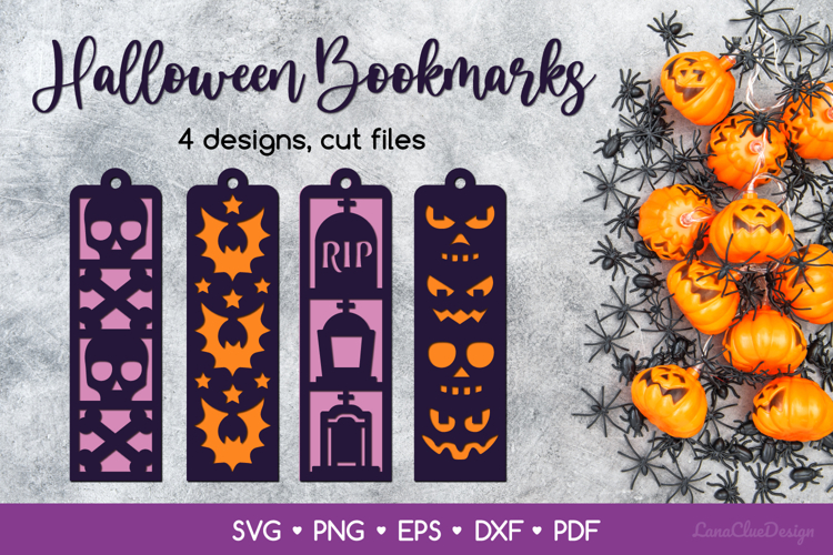 4 Bookmarks with Halloween Pattern SVG, Papercut Template