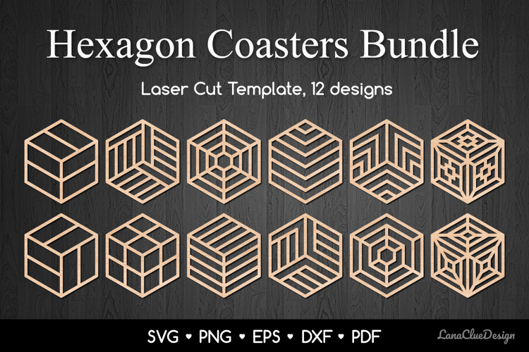 12 Abstract Geometric Coasters SVG Bundle, Hexagon Laser Cut