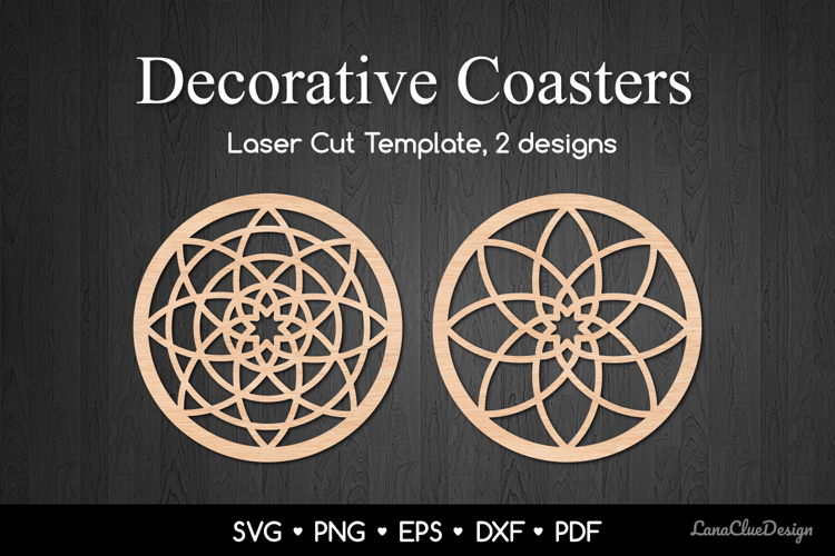 2 Decorative Round Coasters SVG, Laser Cut Template DXF