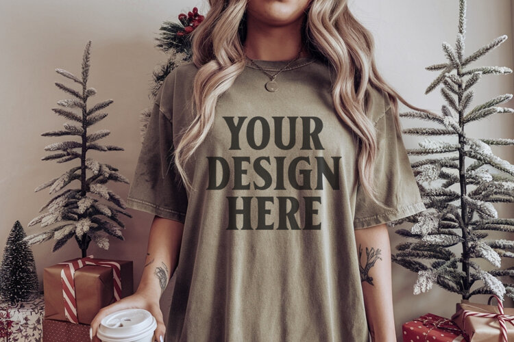Christmas Comfort Colors 1717 Moss TShirt Mockup, CC 1717 example image 1