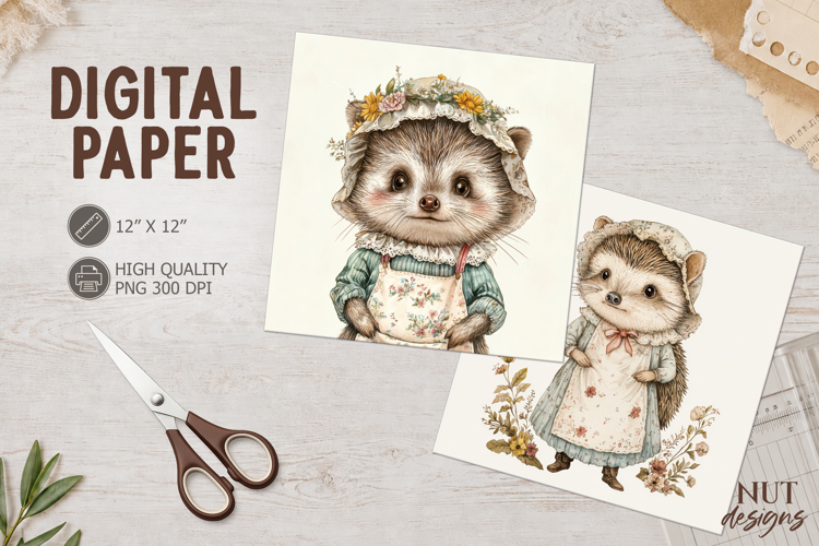 Cute Vintage Hedgehog Journal Junk woodland digital paper