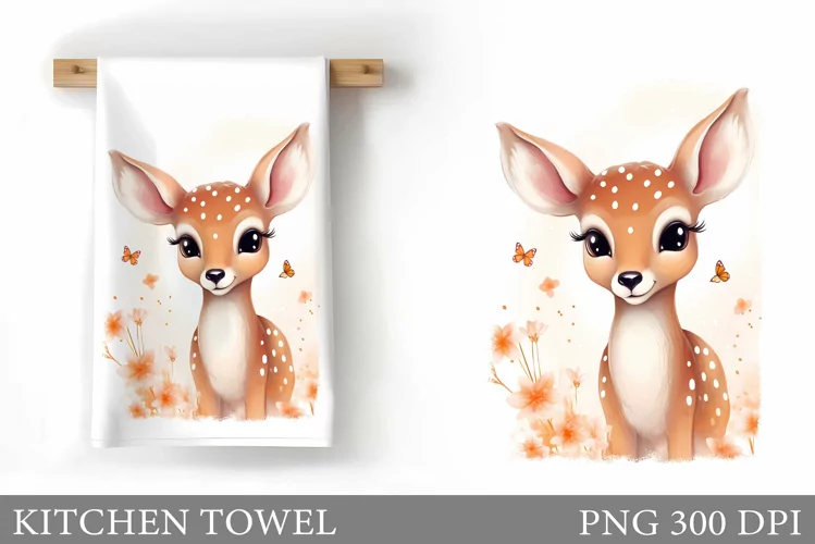 Cute Deer Kitchen Towel. Deer Flowers Kitchen Towel Design