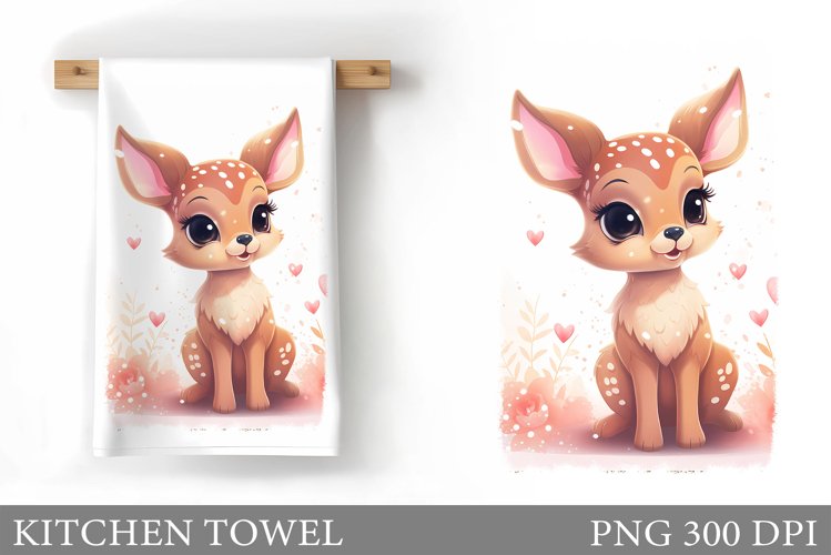 Cute Deer Kitchen Towel. Deer Flowers Kitchen Towel Template