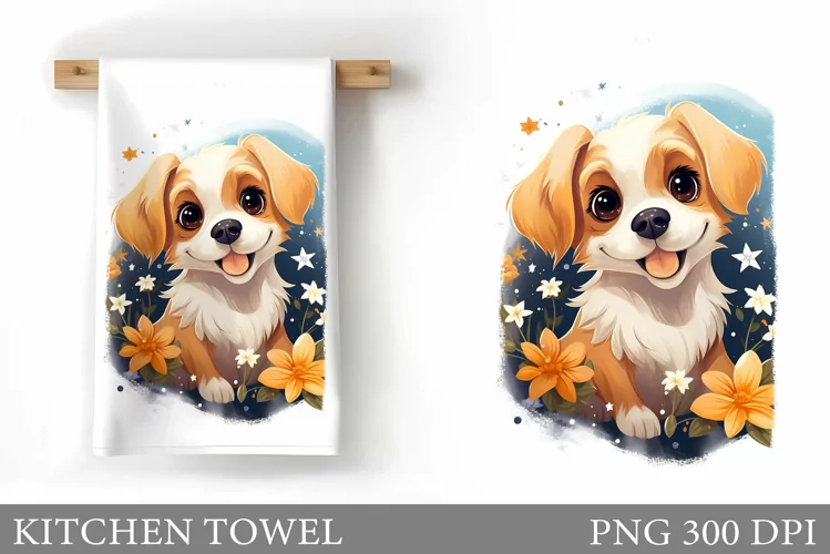 Cute Dog Kitchen Towel. Dog Flowers Kitchen Towel