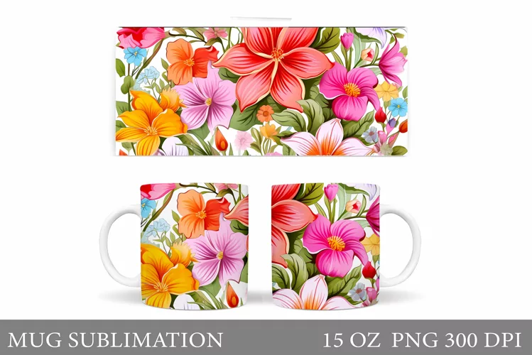 Flowers Mug Sublimation. Floral Mug Wrap Design