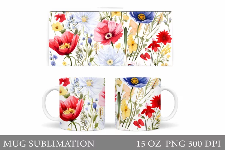 Flowers Mug Wrap Design. Wildflowers Mug Sublimation