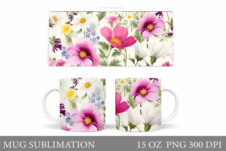Wildflowers Mug Sublimation. Flowers Mug Wrap Design