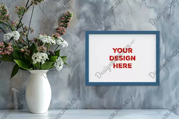 Frame mockup on grunge industrial wall with vase and flowers