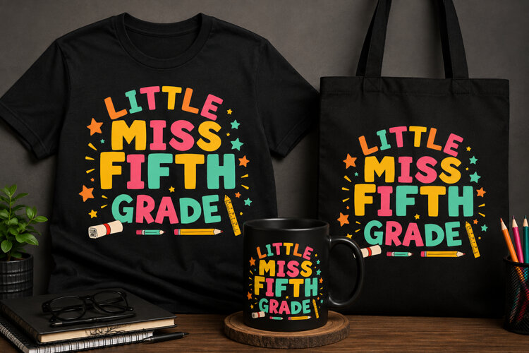 Little Miss Fifth Grade PNG | Colorful Teacher School Design example image 1