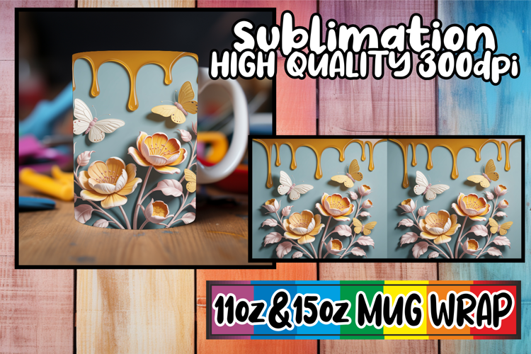 Pure elegance sublimation 11oz 15oz mug wrap, 3D Flowers