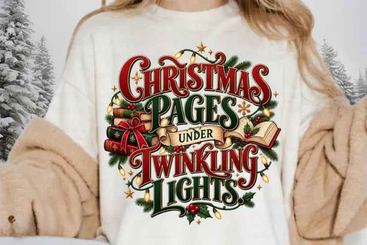 Christmas Pages Under Twinkling Lights PNG, Cozy Book Lover
