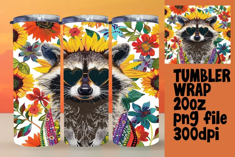 20oz Tumbler Wrap: Raccoon with Blooming Flowers
