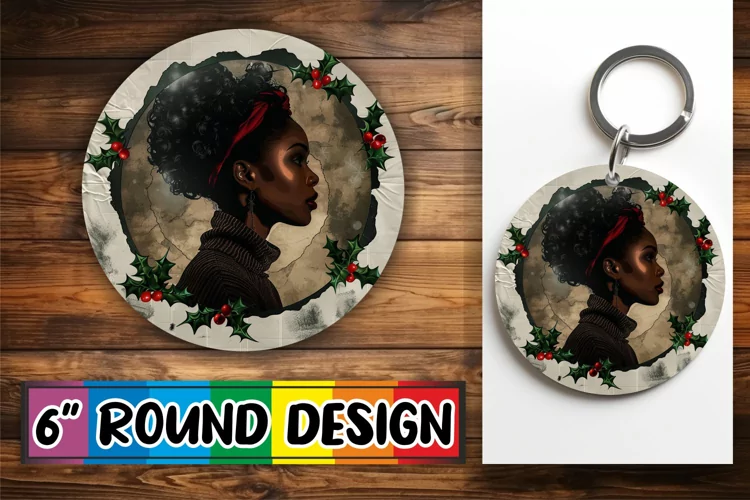 Sublimation Keychain Round Design Holiday Woman Portrait