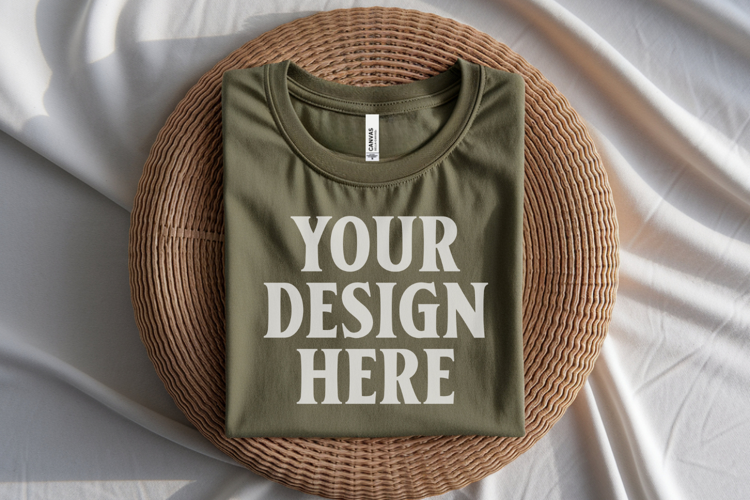 Heather Olive Bella Canvas 3001 Flat Lay T-Shirt Mockup