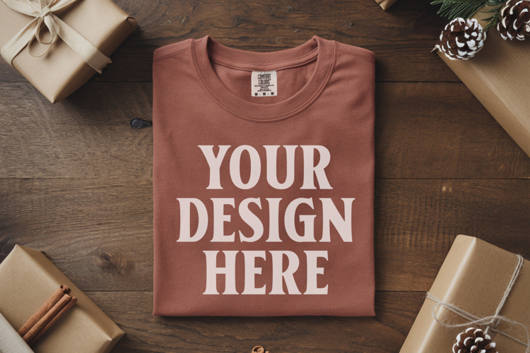 Brick Comfort Colors 1717 Christmas Folded T-Shirt Mockup
