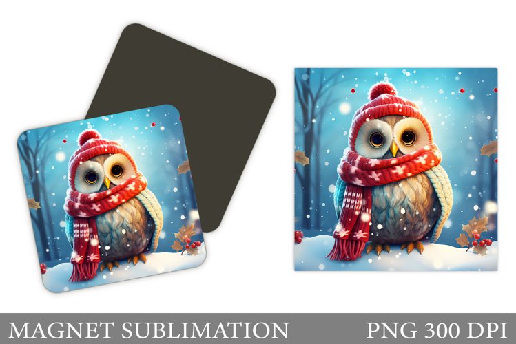 Winter Owl Magnet Sublimation. Cute Owl Square Magnet