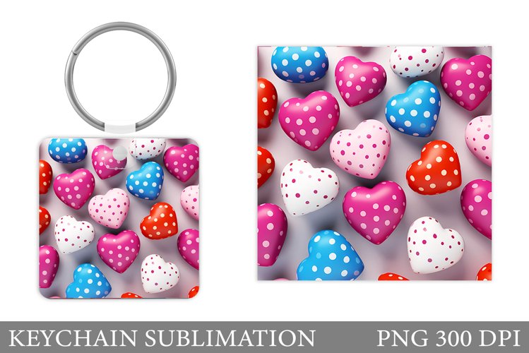 3D Hearts Keychain. Colorful Hearts Keychain Sublimation