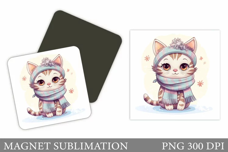 Winter Cat Magnet Sublimation. Cute Cat Magnet Design