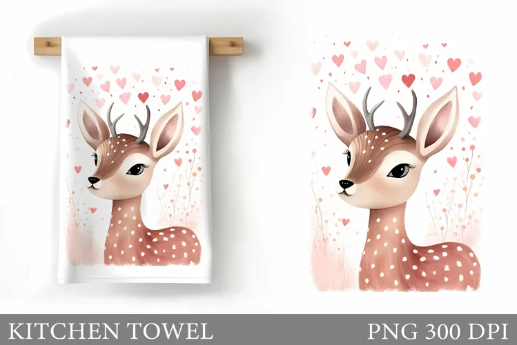Cute Deer Kitchen Towel. Valentines Kitchen Towel Design