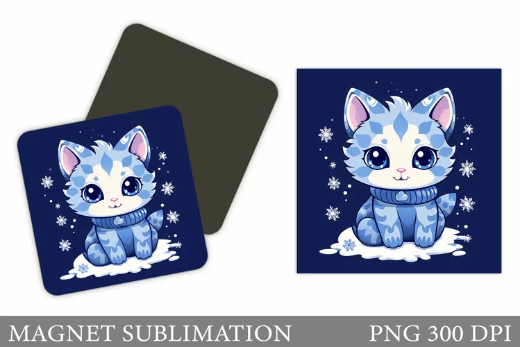 Winter Cat Magnet Sublimation. Cute Cat Magnet Design