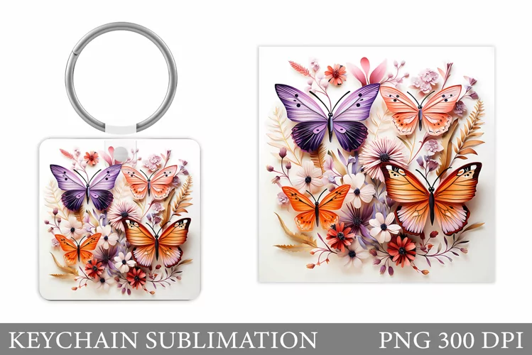 Butterflies Keychain Sublimation. Flowers Square Keychain