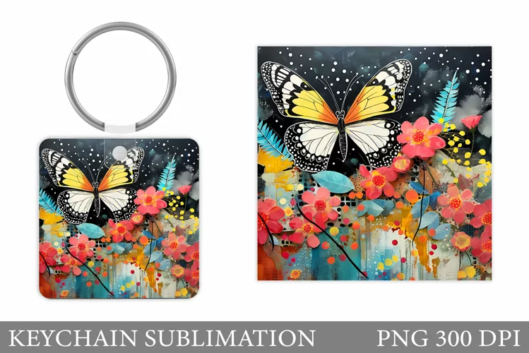 Butterfly Keychain Design. Flowers Keychain Sublimation