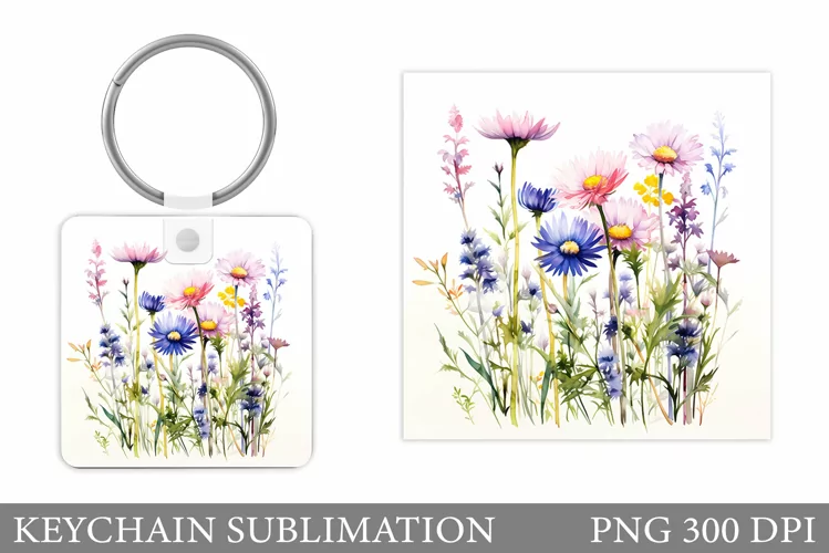 Flowers Square Keychain. Wildflowers Keychain Sublimation
