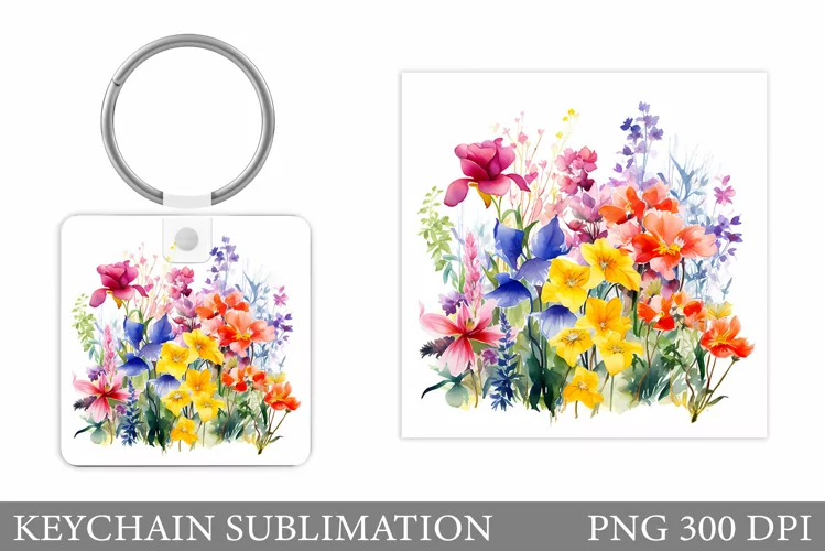 Flowers Square Keychain. Wildflowers Keychain Sublimation