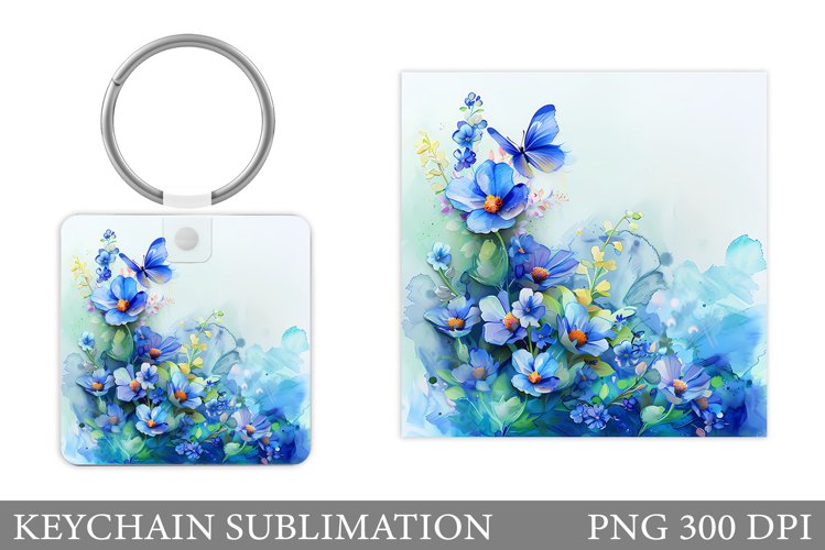 Butterfly Keychain Design. Flowers Square Keychain