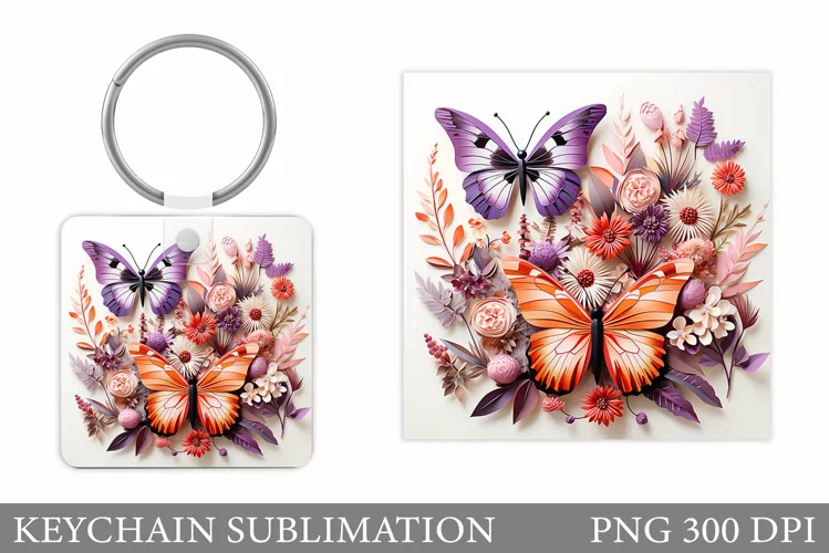 Butterflies Keychain Sublimation. Square Keychain Flowers