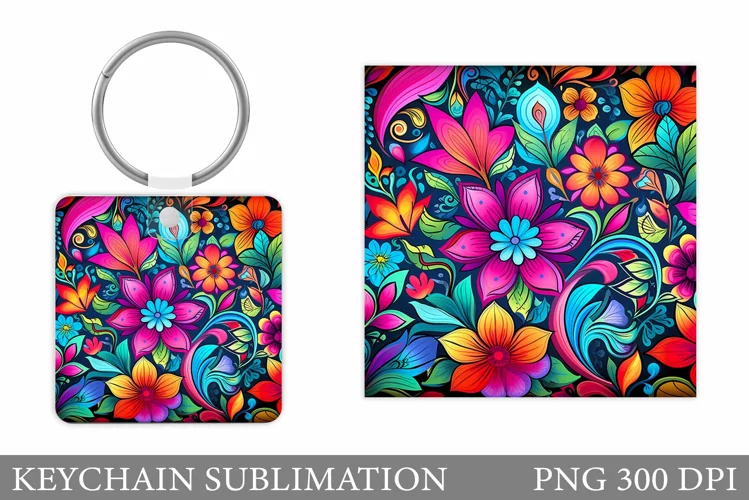 Neon Flowers Keychain Design. Flowers Keychain Sublimation