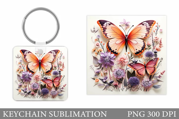 Butterflies Keychain Sublimation. Flowers Keychain Design