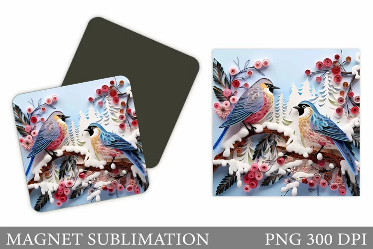 Winter Birds Magnet. Birds Square Magnet Sublimation