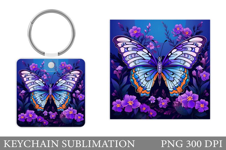 Butterfly Keychain Sublimation. Flowers Square Keychain example image 1