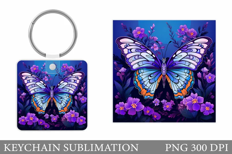Butterfly Keychain Sublimation. Flowers Square Keychain