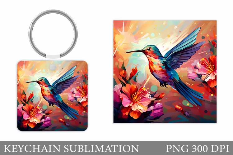 Hummingbird Keychain Design. Flowers Square Keychain