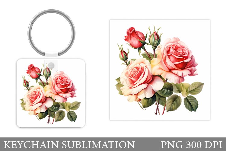 Roses Keychain Sublimation. Flowers Square Keychain Design example image 1