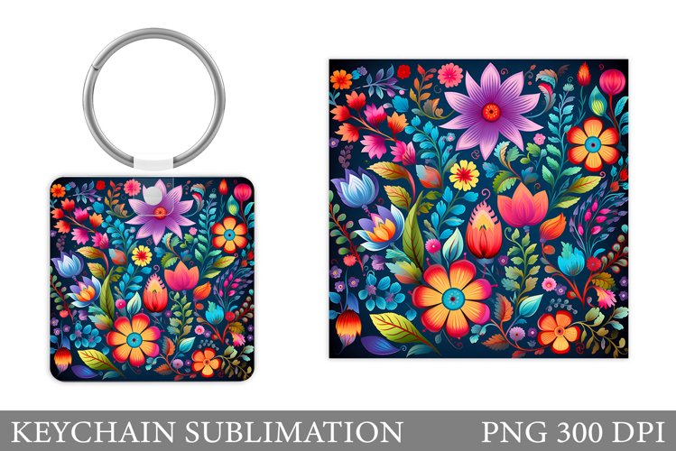 Flowers Keychain Design. Neon Flowers Keychain Template example image 1