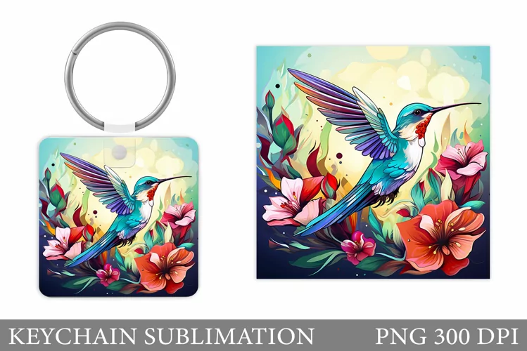 Hummingbird Keychain Design. Bird Summer Square Keychain